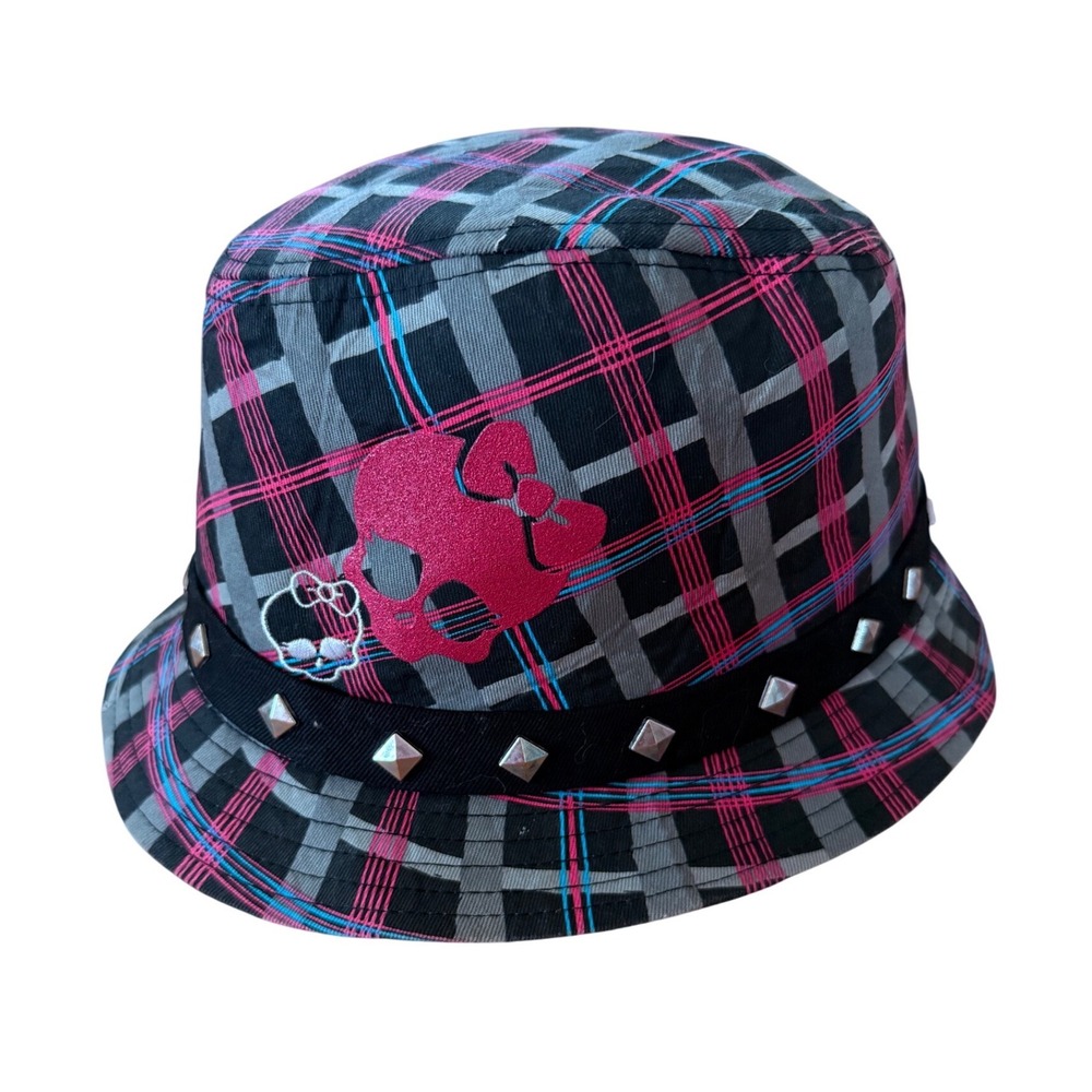 Monster‎ High Plaid Fedora Hat Pink Grey Studded Skull Mattel 2012 Y2K Emo Punk
